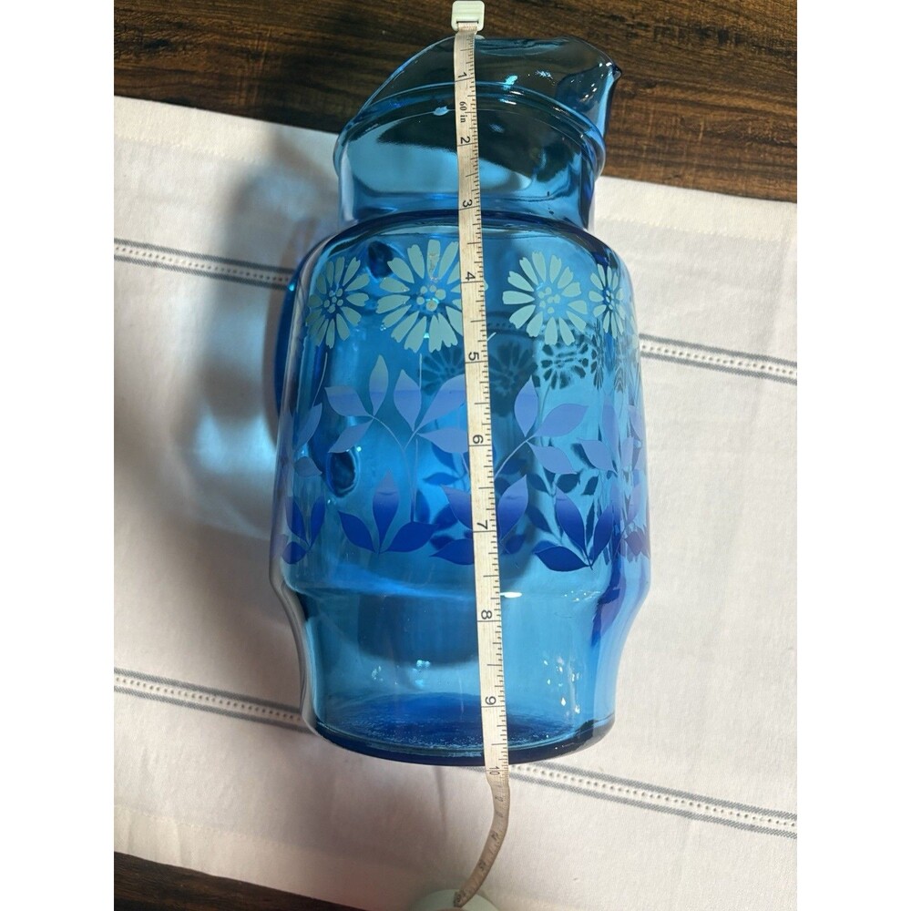 Vintage Mid Century Libbey Blue Glass Pitcher Rain Flower Daisy Floral 10” Vase - Picture 7 of 7